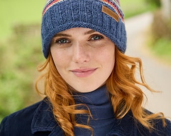 Women's Knitted Stripy Roll Back Beanie: 100% Wool, Pachamama