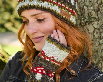 Women's Mushroom Fair Isle Bobble Beanie: 100% Wool, Pachamama