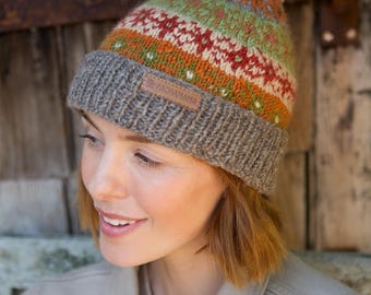 Women's Autumnal Fair Isle Bobble Beanie: 100% Wool, Pachamama