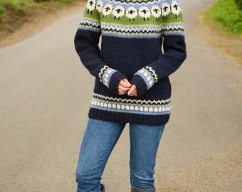 Women's Knitted Flock of Sheep Sweater: 100% Wool, Pachamama