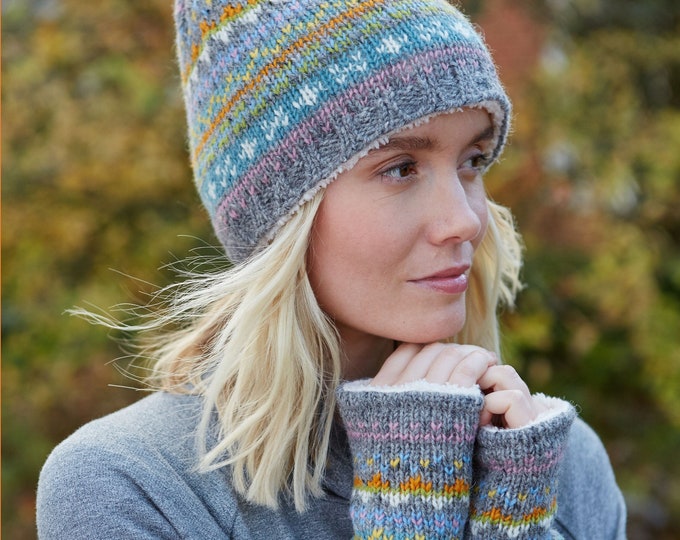 Women's Soft Fair Isle Bobble Beanie - 100% Wool - Fine Knit Winter Hat - Warn Headband - Fingerless Gloves - Pachamama