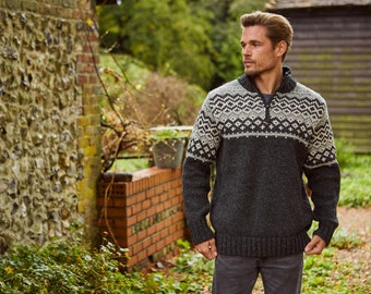 Mens Fair Isle Half Zip Jumper - Mens Nordic Sweater - Mens Black Knit Jumper - Mens Black Half Zip Sweater - Fair Isle Knitwear - Pachamama