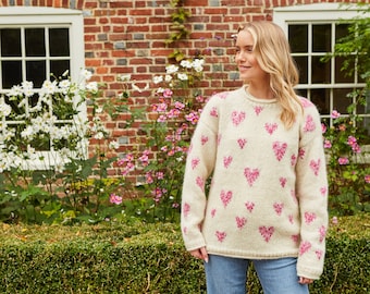 Women's Sweetheart Sweater - Heart Pattern Jumper - Love Heart - Pink Hearts - Knitted Wool Pullover - 100% Wool - Fair Trade - Pachamama