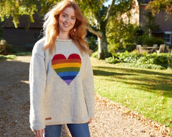 Women's Rainbow Heart Sweater - Oatmeal Knitted Rainbow Jumper - Unlined Jumper - Rainbow Heart Motif - 100% Wool - Pachamama