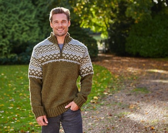 Mens Fair Isle Half Zip Jumper - Mens Nordic Sweater - Mens Green Knit Jumper - Mens Moss Half Zip Sweater - Fair Isle Knitwear - Pachamama