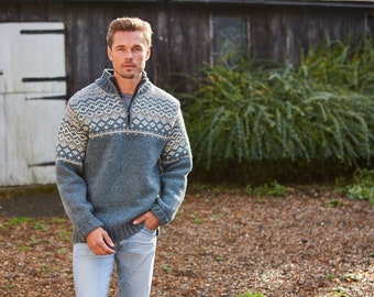 Mens Fair Isle Half Zip Jumper - Mens Nordic Sweater - Mens Blue Knit Jumper - Mens Steel Half Zip Sweater - Fair Isle Knitwear - Pachamama