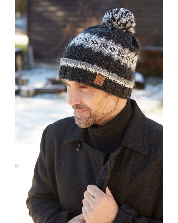 Gorro de lana para hombre Guantes sin dedos 100% lana Comercio justo Gorro  enrollable hacia atrás Negro carbón -  España