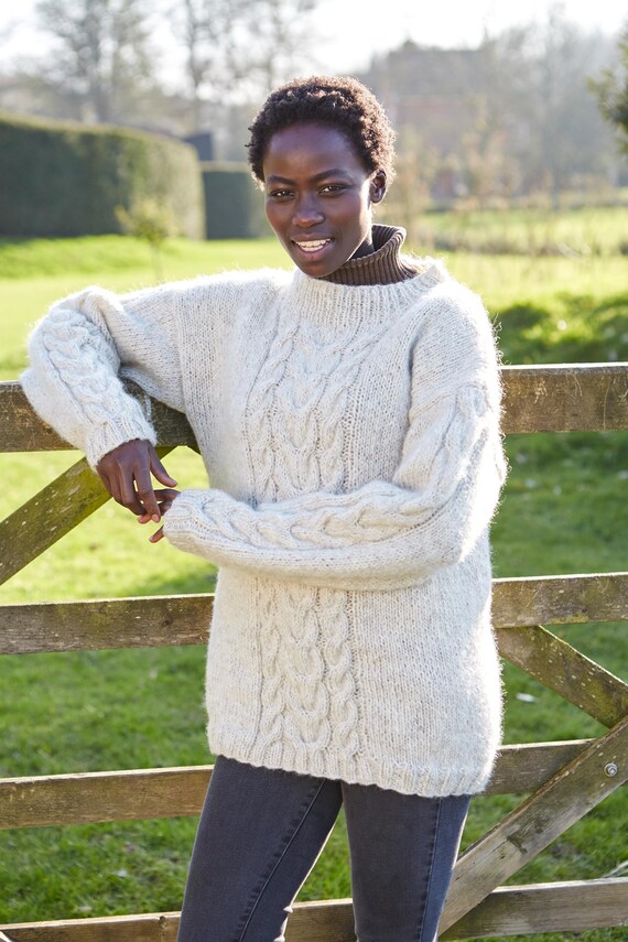 Women s Hand Knitted Jumper Wool Mohair Blend Sweater Comfy Cable Knit Pullover Fair Trade Oatmeal Chunky Fluffy Feel Warm Cosy Etsy UK