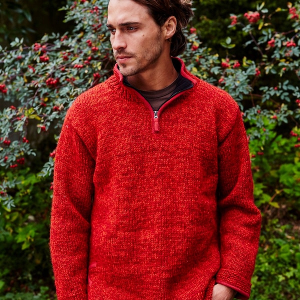 Men's Donegal Half Zip Sweater - 100% Wool Hand Made - Men's Jumper - Knitwear. - Natural Red/ Rust colours. Burnt Orange.