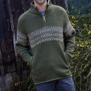 Men's Half Zip Jumper Fair Isle Sweater 100% Wool Fair Trade Green Pullover Sustainable Fashion Fleece Lined Pachamama image 1