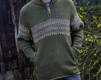 Men's Half Zip Jumper - Fair Isle Sweater - 100% Wool - Fair Trade - Green Pullover - Sustainable Fashion - Fleece Lined - Pachamama