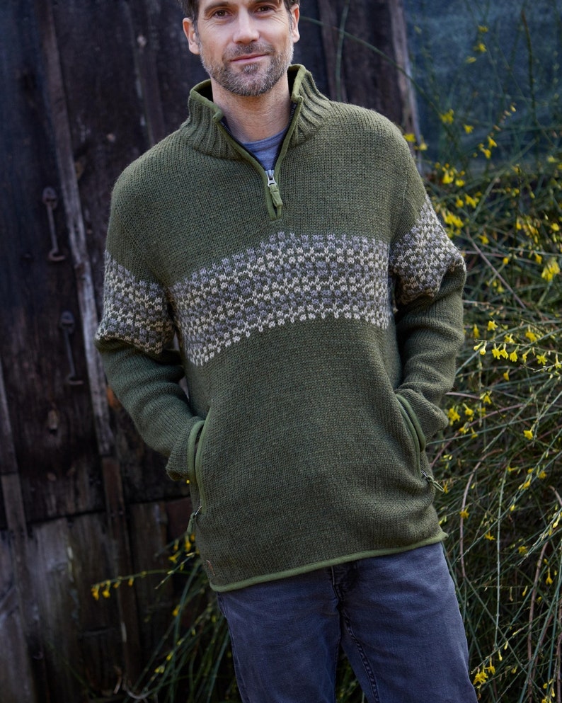 Men's Half Zip Jumper Fair Isle Sweater 100% Wool Fair Trade Green Pullover Sustainable Fashion Fleece Lined Pachamama image 1