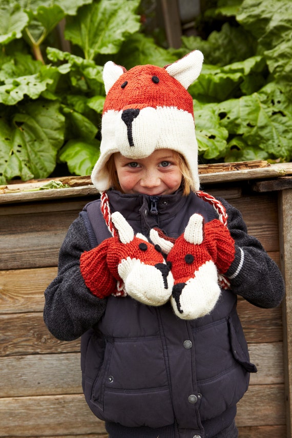 Children's Fox Hat, Fox Earmuffs Fox Mittens Kids Handmade Fox