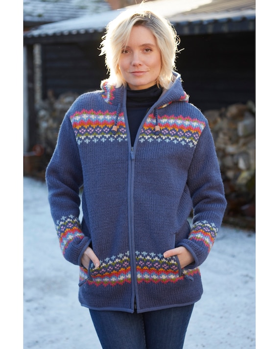 Women's Handmade Fair Isle Zip Hoody, 100% Wool, Fleece Lined