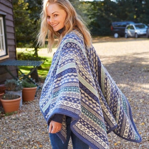 Women's Fair Isle Knit Wrap Spring Knitted Wrap Poncho Wrap 100% Wool Festival Clothing Handmade Fair Trade Pachamama Denim