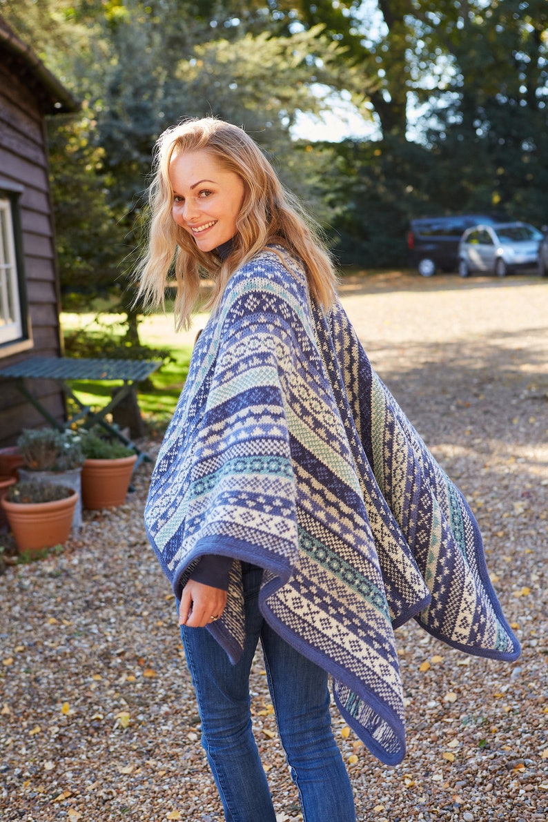 Women's Fair Isle Knit Wrap Spring Knitted Wrap Poncho Wrap 100% Wool Festival Clothing Handmade Fair Trade Pachamama Denim