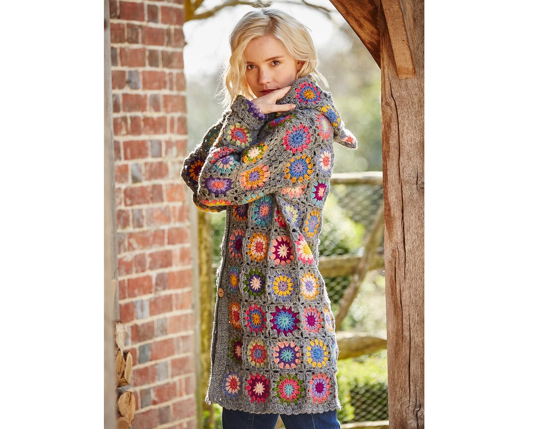 Retro 70s Coat Bright Flower Design Crocheted Granny Squares ...