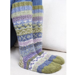 Women's Knitted Long Socks Fair Isle Sofa Socks 100% Wool Fair Trade Cosy Loungewear Socks Handmade in Nepal Pachamama Olive