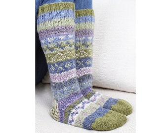 Women&#39;s Knitted Long Socks - Fair Isle Sofa Socks - 100% Wool - Fair Trade - Cosy Loungewear Socks - Handmade in Nepal - Pachamama