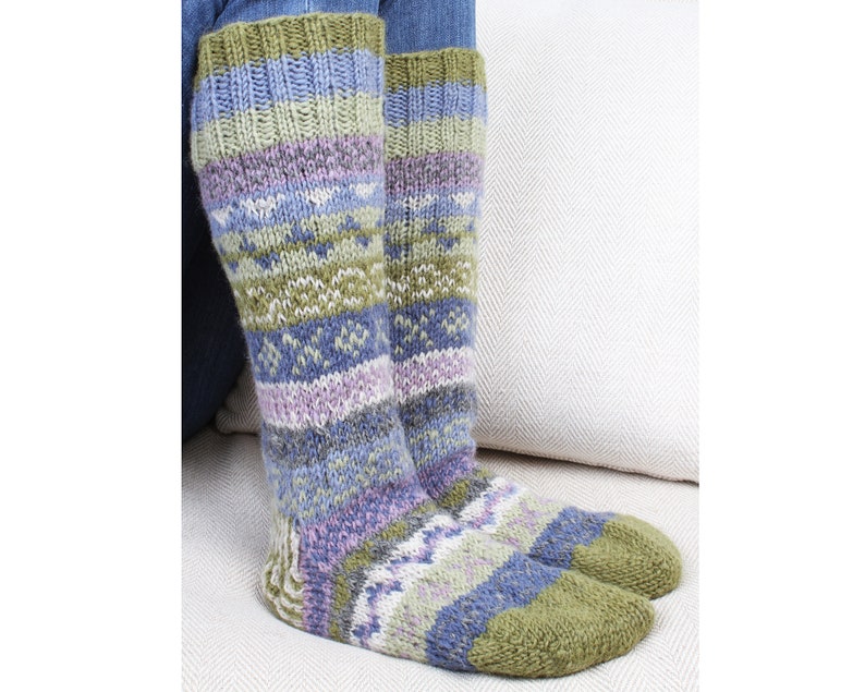 Women's Knitted Long Socks Fair Isle Sofa Socks 100% Wool Fair Trade Cosy Loungewear Socks Handmade in Nepal Pachamama Olive