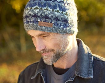 Men's Knitted Fair Isle Beanie - Knit Beanie - Aztek Pattern - Men's Winter Hat - Fleece lined - 100% Wool - Fair Trade - Pachamama