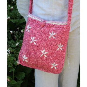 Hand Knitted Flower Cross Body Bag, Wool & Cotton Phone Purse, Crocheted Shoulder Strap, Embroidered Flowers, Pastel Colours, Retro 90&#39;s Y2K