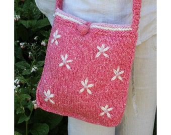 Hand Knitted Flower Cross Body Bag, Wool & Cotton Phone Purse, Crocheted Shoulder Strap, Embroidered Flowers, Pastel Colours, Retro 90's Y2K