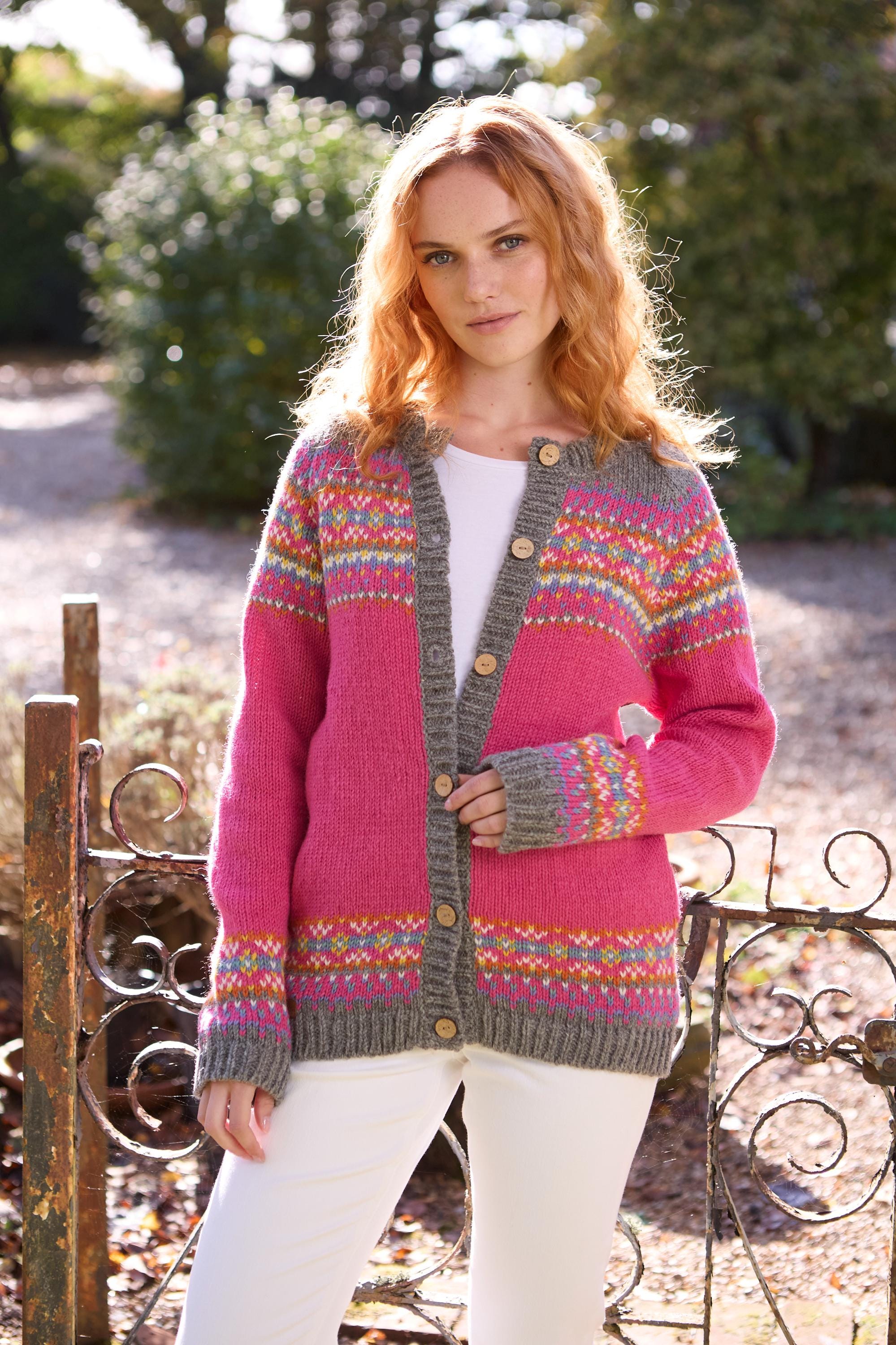 Pink Knitted Fair Isle Cardigan - Pink Fair Isle Cardi - All