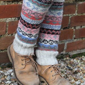 Women's Knitted Wool Legwarmers Fair Isle Legwarmers Knitted Legwarmers 100% Wool Handmade Unlined Pachamama Oatmeal Regular