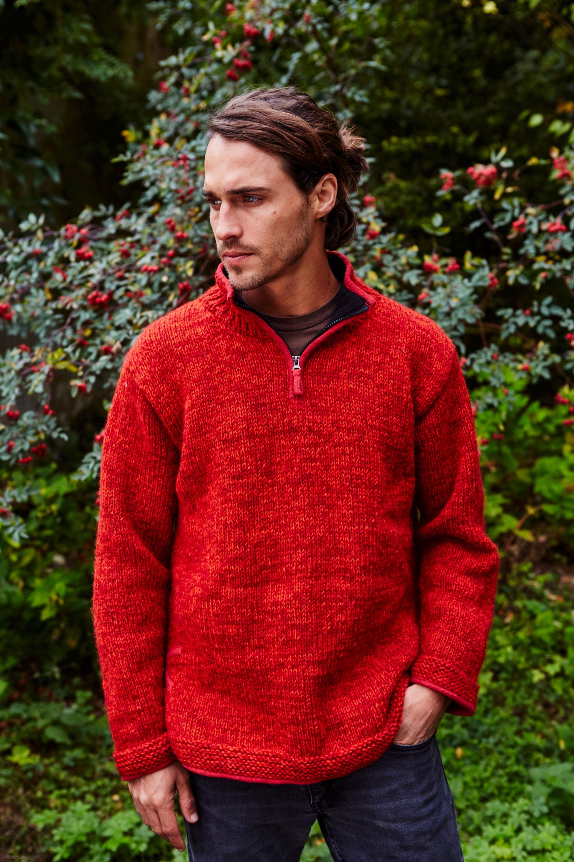 Men's Donegal Half Zip Sweater - 100% Wool Hand Made - Men's