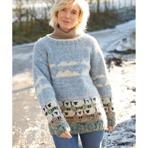 Women's Cosy Sheep Hand Knitted Jumper - Wool Mohair Blend - Ethical shops Clothing - Cool Blue Pastel - Pachamama - Oversized Grandad Top