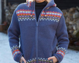 Felpa con cappuccio e zip Fair Isle in maglia da donna - 100% lana e fodera in pile / Pachamama - Italia