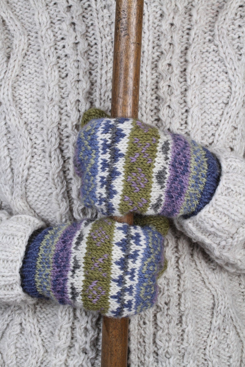 Women's Knitted Mittens Fleece Lined Mittens Fair Isle Gloves 100% Wool Fairisle Mitts Warm Woolly Gloves Handmade Pachamama Olive