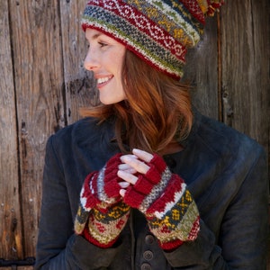 Women's Fair Isle Winter Knitted Hat Knit Bobble Beanie Traditional Fairisle beanie 100% Wool Ethical Clothing Pachamama Rust
