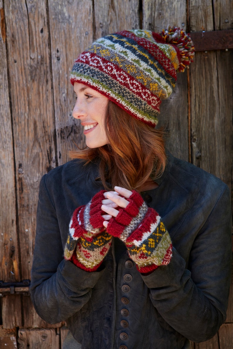 Women's Fair Isle Winter Knitted Hat Knit Bobble Beanie Traditional Fairisle beanie 100% Wool Ethical Clothing Pachamama Rust