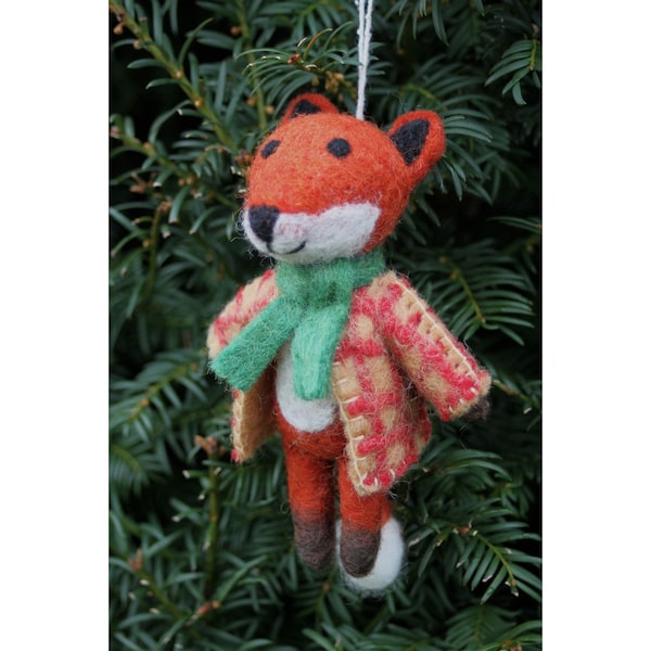 Décoration de Noël Mr Fox feutrée à la main, 100 % laine, décoration d'arbre à suspendre, commerce équitable, motif animal mignon.