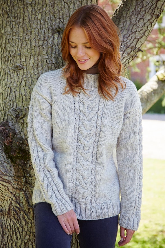 Women s Hand Knitted Jumper Comfy Cable Knit Grandad Sweater Aran Knit Jumper Chunky Knit Pullover 100 Wool Pachamama Etsy UK