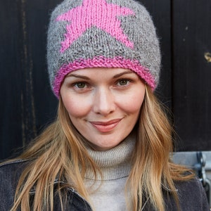 Women's Pink Star Bobble Hat Grey Pink Gloves Warm Knitted Headband 100% Wool Retro Star Motif Fair Trade Pachamama image 7