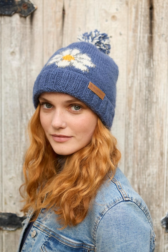 Daisy Bobble Beanie Beanie Knitted Flower Motif Hat Floral