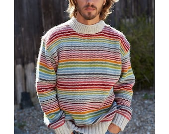 Men's Rainbow Stripe Hand Knitted Jumper, 100% Wool Unlined Grandad Sweater, Retro Bright Colourful Stripes, Fair Trade Oversized Pullover