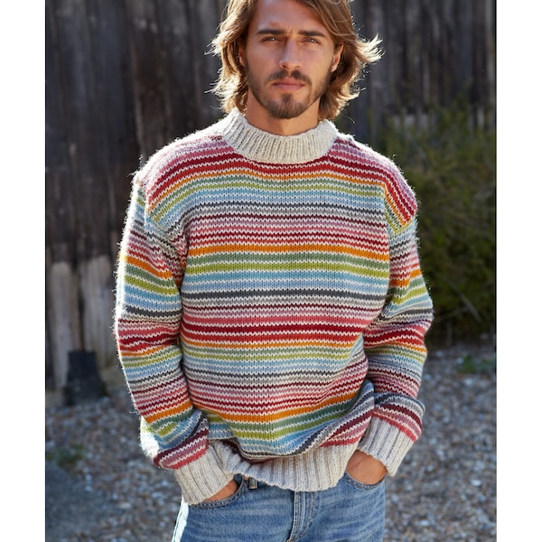 Men's Rainbow Stripe Hand Knitted Jumper, 100% Wool Unlined Grandad Sweater, Retro Bright Colourful Stripes, Fair Trade Oversized Pullover