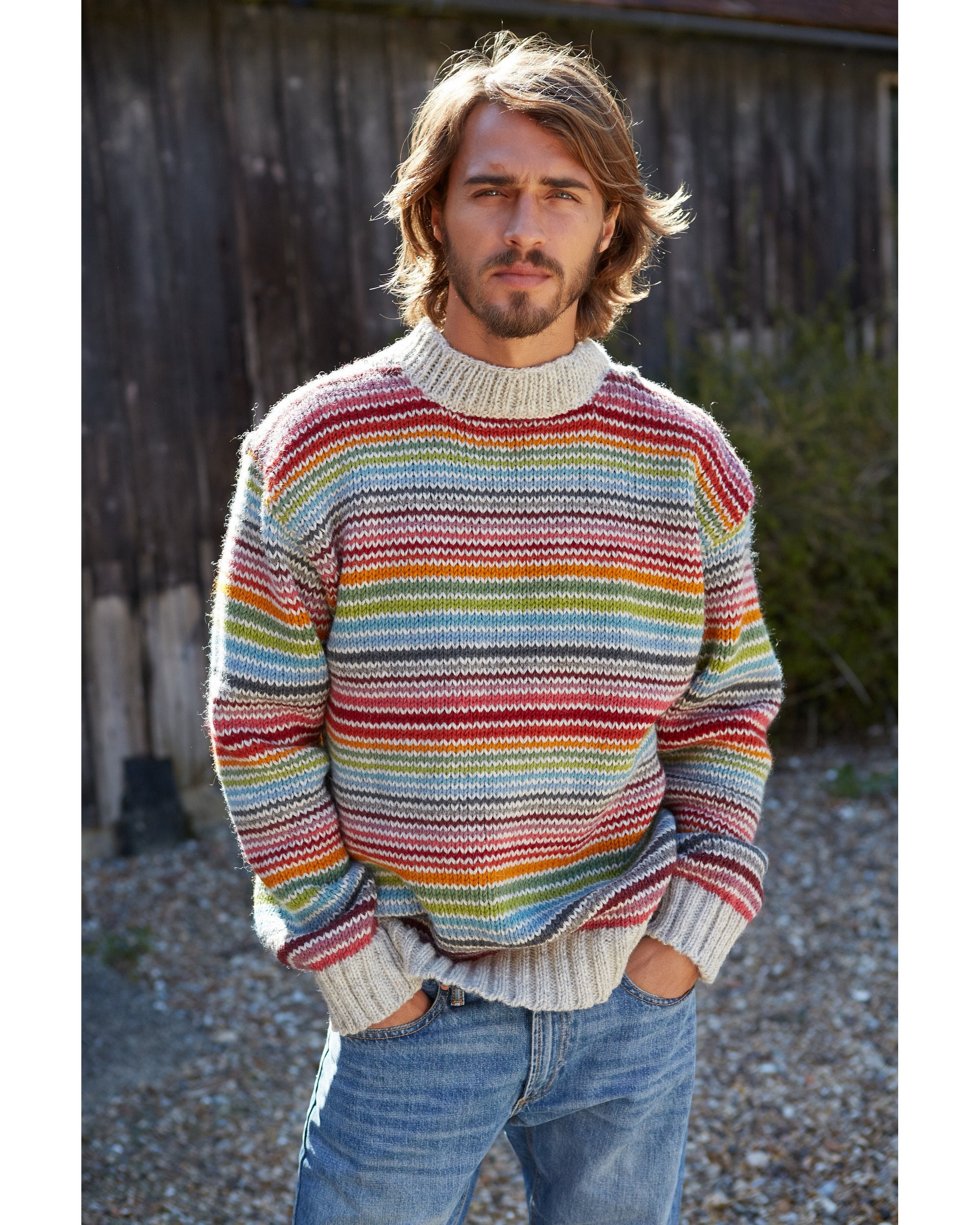 Unisex Cable Knit Striped Cardigan - Men's Sweaters & Sweatshirts