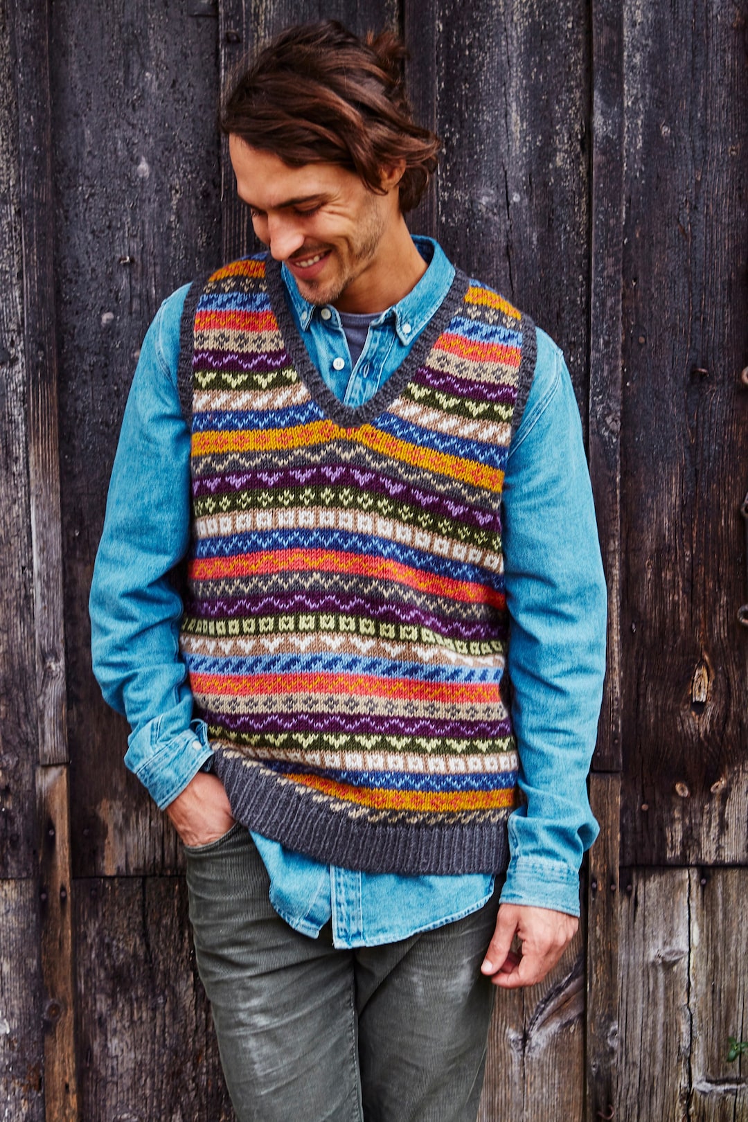 Men's Knitted Fair Isle Tank Top 100 Wool Fair Trade Sleeveless Jumper