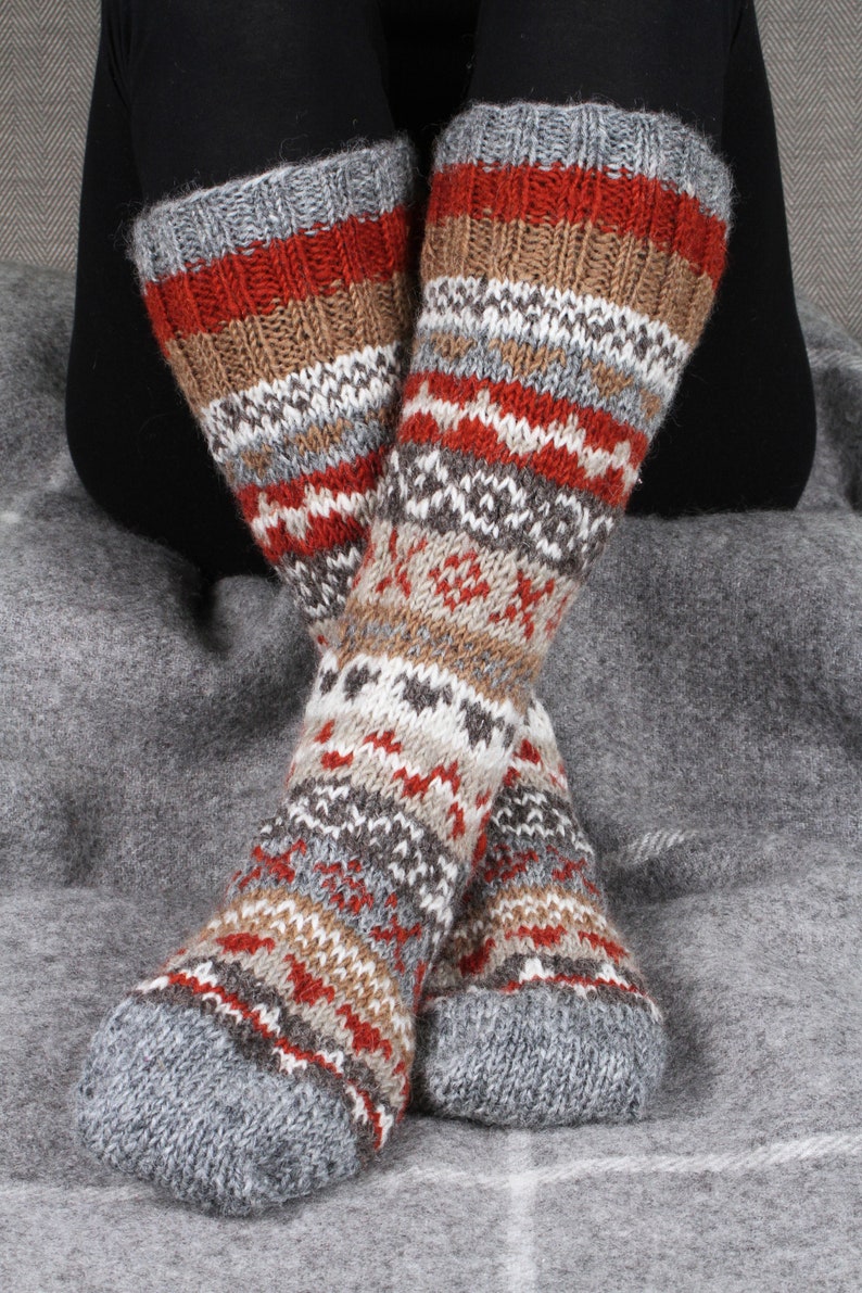 Women's Knitted Long Socks Fair Isle Sofa Socks 100% Wool Fair Trade Cosy Loungewear Socks Handmade in Nepal Pachamama Grey Mix