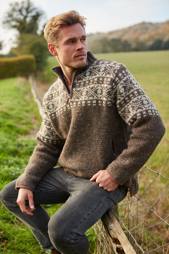 Men's New England Half Zip Sweater. 100% Wool Hand Made. Fully