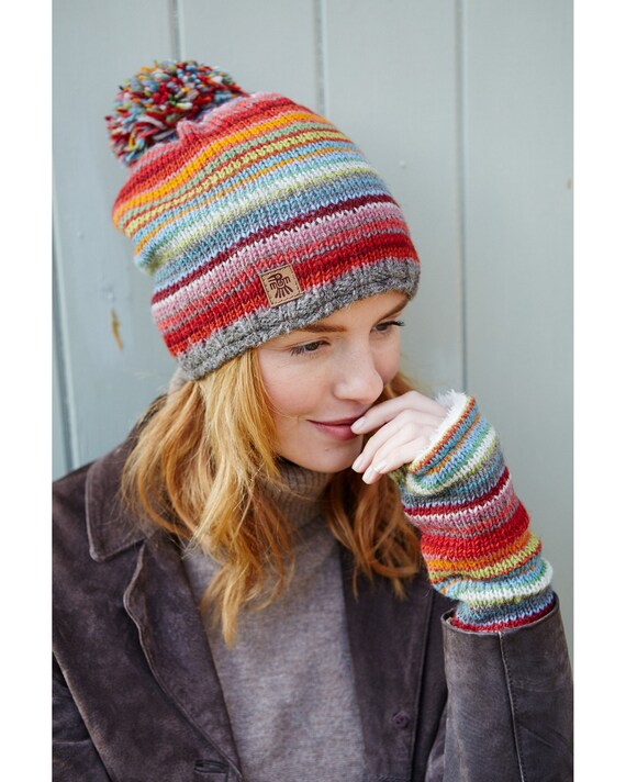 Women's Hand Knitted 100% Wool Bobble Beanie, Sunset Stripe Fair