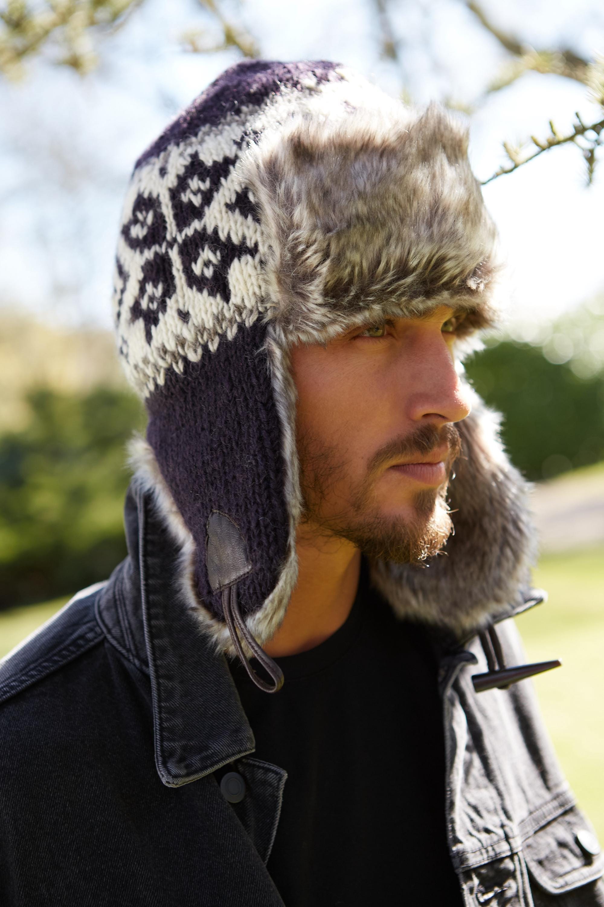 J Davidsson Icelandic Wool Cable Knit Fur Trapper Hat Earflap Beanie Unisex OS The North Face Hat Trapper Knit One Size Gray Fair Isle Ear  main image 2
