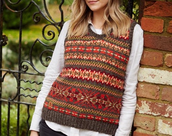 Aardse gebreide tanktop - mouwloze damestrui - 100% wol - Fair Isle-patroon - handgemaakt - warme kleuren - Fair Trade - Pachamama