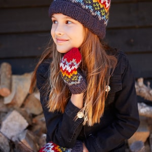 Kid&#39;s Rainbow Wool Bobble Beanie, 100% Wool,  Navy, Sherpa Fleece Lined, Cosy, Knitted Pom Pom Hat, Cute, Warm, Fair Trade