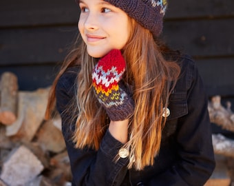 Kid's Rainbow Wool Bobble Beanie, 100% Wool,  Navy, Sherpa Fleece Lined, Cosy, Handknitted Pom Pom Hat, Cute, Warm, Fair Trade